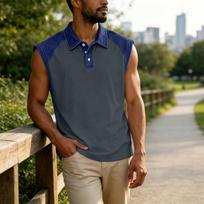 Men Sleeveless Polo Shirt Casual Denim Patchwork Polo Collar Button Placket Summer Vest Top XXL