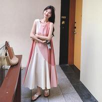Real Shot Pink Splicing Big Skirt Dress Women's Summer New Holiday Style Super Good-looking Temperament Thin Vest Long Dress S