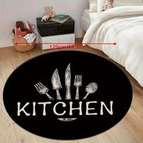 Kitchen Utensils Round Rug Black Flannel Floor Mat Fork Knife Spoon Text Design Kitchen Decor Dining Room Entryway SoftAbsorbent 60cm x 60cm