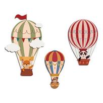 3 Pcs Hot Air Balloon Wall Decor Boho Wooden Nursery Wall Art Cartoon Animals Hot Air Balloon Wall Sculpture for Kids Bedroom Baby Shower Decoration A