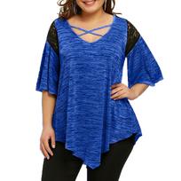 Women's Plus Size Fashion V-Neck Lace Stitching Loose Casual Top T-Shirt Shirt XXXL mėlyna