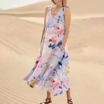 Women's Summer Casual Fashion Flower Printed Sleeveless Round Neck Pocket Dress L rožinė