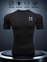 Men's Compression Shirt Quick Dry White Gym T-Shirt Black Sad Face Print Workout Sportswear S juoda