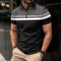 New Men's Casual POLO Shirt Lapel Zip Business Striped Versatile T-shirt Tops S juoda