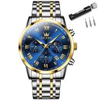 Silver Analog Business Metal Date Large Roman Olevs Moon Gift Men's Watch, & Gold, Popular, Waterproof, Quartz, Watch, Blue, Stylish, Band, Men's