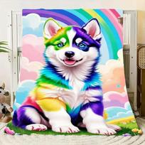 Colorful Rainbow Husky Puppy Throw Blanket - Soft and Cozy Fleece Blanket Featuring a Cheerful Husky with Vibrant Colors and Pla 75cmx90cm