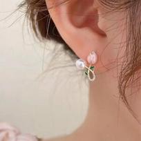 Pearl Stud Earrings with Pink Tulip Design - Versatile, Elegant Forest Style for Women