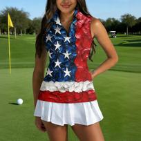 Women Sleeveless Golf Polo Shirt Zip Front Collared Athletic Top Independence Day Print Sports Tank Top XXL