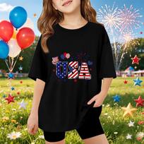 Kids Short Sleeve T-Shirt USA Print Independence Day Graphic Tee Top Casual Fit Soft Fabric Comfortable Wear for Boys and Girls 140 juoda