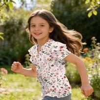Girls V Neck Short Sleeve Floral Print T Shirt Casual Ruffle Sleeve Shirt Lightweight Breathable Summer Top for Kids 150