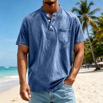 Men's Casual Short Sleeve Henley Shirt Lightweight Breathable Button Front Pocket Tee Top S mėlyna
