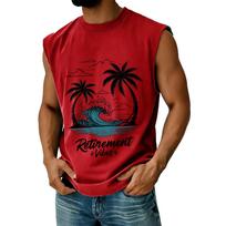 Men's Sleeveless Muscle Tank Top Casual Athletic Vest Summer Beachwear with Palm Tree Wave Graphic and Retirement Vibes Lettering Print M raudona