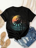 Sunset Coconut Tree Printed Wounisex's T-Shirt, Summer Wounisex's Fashionable, Casual, Comfortable, Soft, Sports And Fitness Daily Outdoor Breathable S įvairiaspalvis