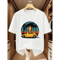 Men'S T-Shirt Retro Style Yellow Beetle with Palm Tree And Sunset Pattern Short Sleeve T-Shirt Comfortable Casual Short-Sleeved T-Shirt in Summer 2XL balta