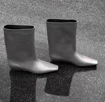 French and simple~! Leather small square head bevel heel wide mouth boots wide tube circumtire cowhide boots women 35 pilka spalva