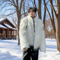Mens Black Faux Fur Coat Stand Collar Zip Up Fluffy Jacket S balta