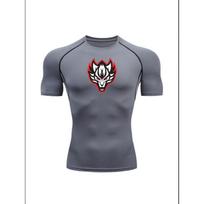 Men'S Grey Red-Edged Wolf Head Print Compression T-Shirt, Quick Dry Short Sleeve Gym Workout Tee, Muscle Fit Athletic Training Top for Men S