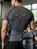 Men's Compression Shirt Quick Dry Black Gym T-Shirt Front & Back Gothic Moon Symbol Print Workout Sportswear S pilka spalva