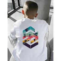 Boys Crew Neck Short Sleeve T-Shirt with Palm Tree & Sunset Gradient Print 110 balta