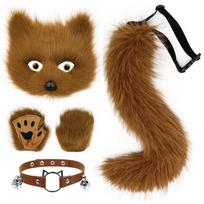 Halloween Fox Mask & Gloves with Plush Tail and Collar Set for Cosplay