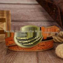 Retro Oval Skull Palm Zinc Alloy Unisex PU Leather Belt 120cm geltona