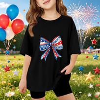 Kids Short Sleeve T-Shirt Independence Day Print Top American Style Bow Graphic Tee Casual Fit Comfortable Fabric 160 juoda