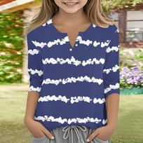 Kids Three Quarter Sleeve Casual Top Button Detail Shoulder Seamed Striped Print Pullover Shirt for Children 140