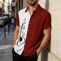 Men's Casual Loose Fit Short Sleeve Button Down Shirt with Printed Guitar Design Lightweight Summer Top XXL raudona
