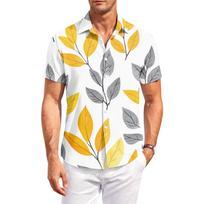 Men Short Sleeve Button Down Shirt Collared Casual Outdoor Leaf Print Relaxed Fit Lightweight Summer Top L mėlyna
