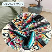 Hair Salon Tools Round Rug Flannel Colorful Scissors Comb Dryer Print Area Mat For Barber Shop Beauty Parlor Decor FunnyFloorMat 60cm x 60cm