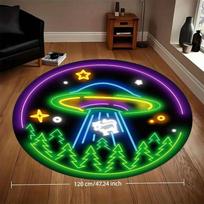 Neon UFO Alien Abduction Round Rug Sci Fi Fantasy Flannel Mat Kids Bedroom Game Room Futuristic Glow In Dark Themed Floor Art 60cm x 60cm