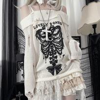 Y2k Harajuku gotikiniai megzti megztiniai, moteriški japoniški kaukolė nuo pečių, punk mergaičių laisvas megztinis S balta
