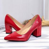 Women's High Heels Red Thick Heel Pointed Toe Glossy Lacquer Leather raudona