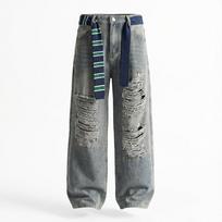 Mens Light Wash Ripped Distressed Wide Leg Baggy Jeans With Belt M mėlyna