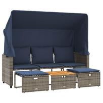 vidaXL Sodo sofa, 3 vietų, su stogeliu ir taburetėmis, pilka, poliratanas