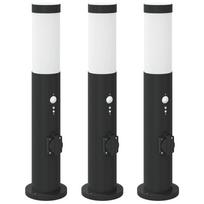 vidaXL Apšvietimo stulpeliai su jutikliu ir lizdu, 3 vnt., 50 cm, nerūdijantis plienas, IP44