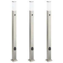 vidaXL Apšvietimo stulpeliai su jutikliu ir lizdu, 3 vnt., 110 cm, nerūdijantis plienas, IP44