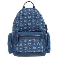 MCM Visetos Denim Backpack with Multiple Pockets & Silver Hardware for Daily & Travel Use