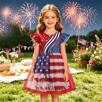 Girls Ruffle Sleeve Independence Day Dress Patchwork American Flag Print Layered Tulle Skirt Casual Party Dress for Kids 140 raudona