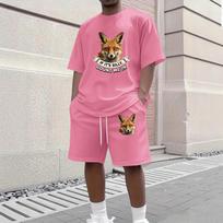 Men's Casual Two Piece Set Short Sleeve Crew Neck Top and Shorts with Animal Graphic Print Loose Fit Summer Outfit XXL rožinė