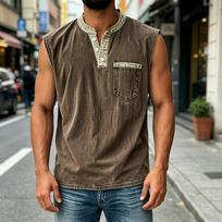Men Sleeveless Casual Vest Three Button Henley Neck Pocket Front Cotton Linen Blend Summer Top XL ruda