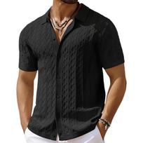 Men's Summer Casual Knit Jacquard Short Sleeve Cardigan Business Polo Shirt Button Front Lightweight Breathable Fabric XXL juoda