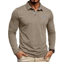 Men Long Sleeve Polo Shirt Casual Button Down Collar Pocket Design Classic Fit T Shirt Breathable Fabric Soft Material L chaki