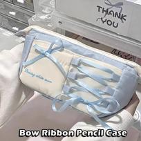 Portable Blue Ballet Style Pen Bag Bow Ribbon Large Capacity Pencil Case Pen Box Student mėlyna