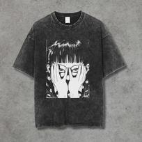 Washed Cotton Horror Manga Graphic T-Shirt Retro Spooky Anime Print Tee Casual Loose Short Sleeve for S