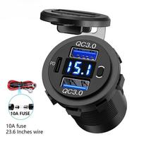 60W PD Dvigubas QC 3.0 USB įkroviklis su skaitmeniniu voltmetru, jungiklio lizdu, maitinimo lizdo adapteriu, atsparus vandeniui, 12V 24V Automobilio, Sunkvežimio, Motociklo mėlyna