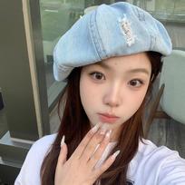 Denim Ripped Beret Women's Spring and Summer New Versatile Cloud Hat Retro Washing and Old Face Showing Small Star Anise Hat M（56-58cm）