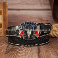 Western Colorful Texas Bull Head PU Embossed Leather Unisex Belt 120cm juoda