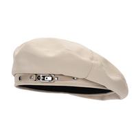 Korean Version Metal Buckle Retro Beret Cap Warm Face Little Women Beret Solid Color Beanie Cap Women Girls Wear smėlis