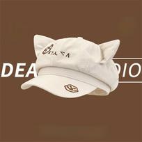 Sweet Cute Cartoon Cat Ears Beret Hat Large Head Size Versatile Commute Cap Casual Octagonal Beret Hat Spring Autumn smėlis